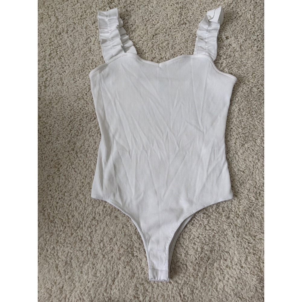 Preppy White Ribbed Ruffle Strap Bodysuit Clean Girl Coquette Basic Balletcore